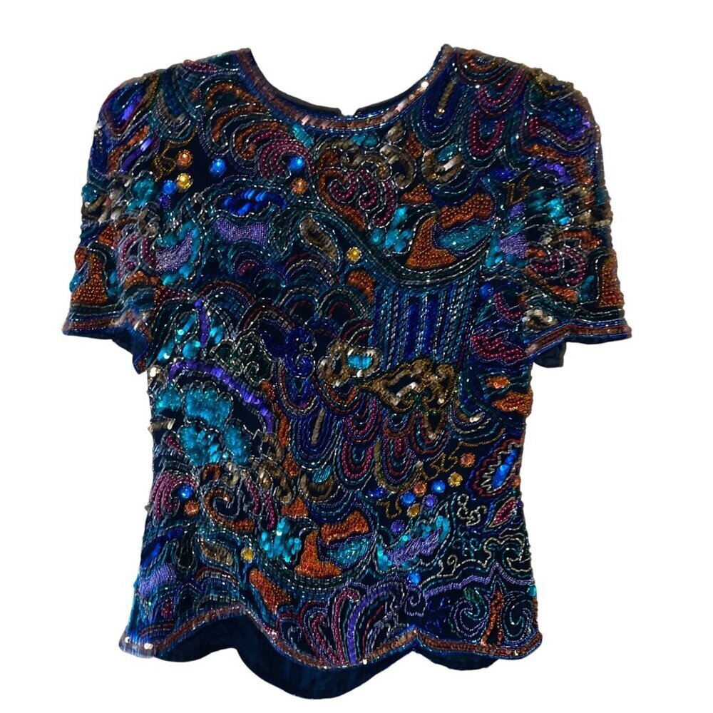 Oleg Cassini Vintage Womens Top Size Small Black Heavily Beaded Tie Pure Silk